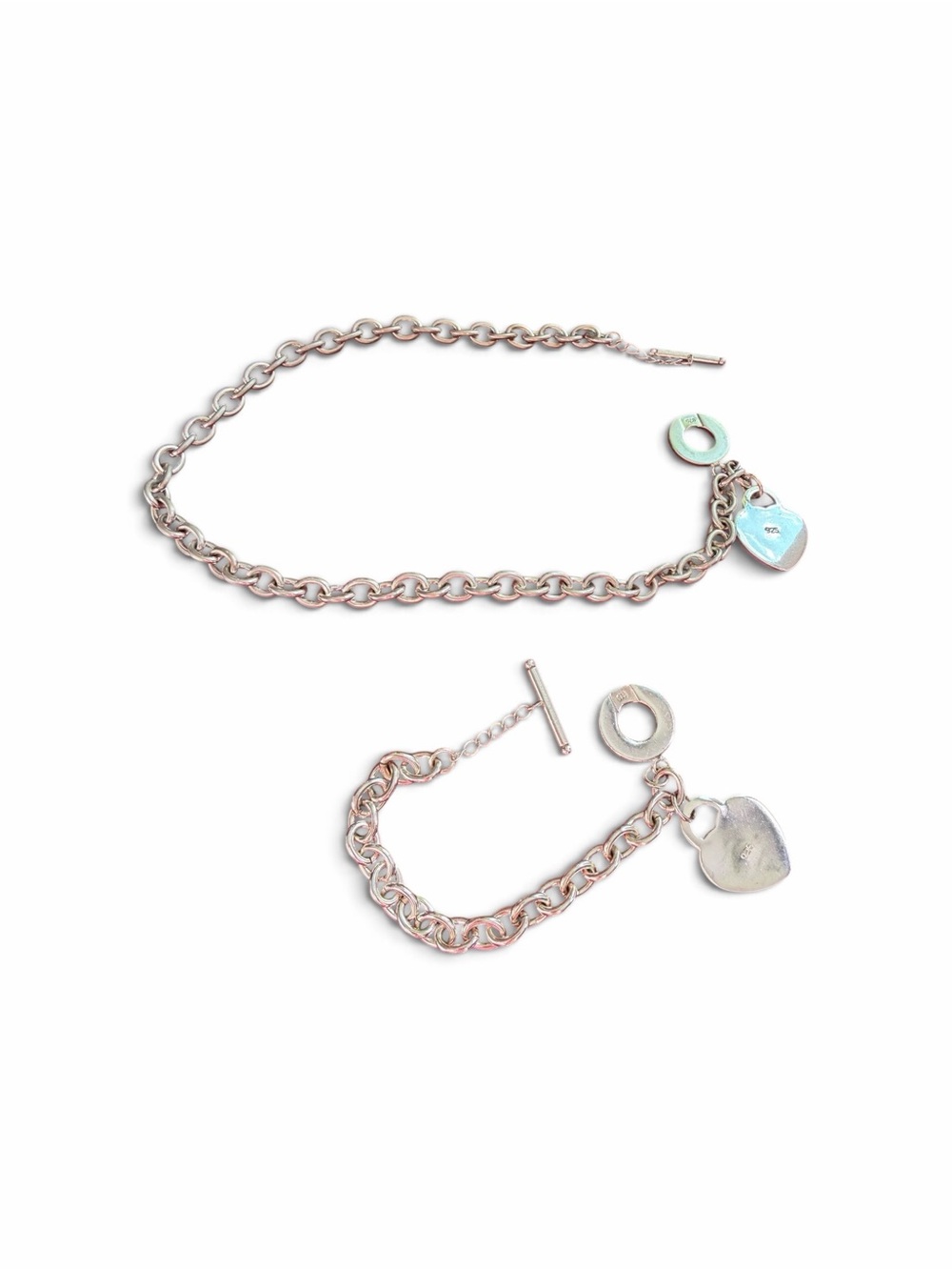 Sterling Silver Engravable Heart Tag Necklace & Bracelet Set — 925, 80g